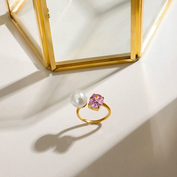 Ring Stainless Steel Geometric Electroplating Zircon Pearl Light Luxury Ins Style Women's