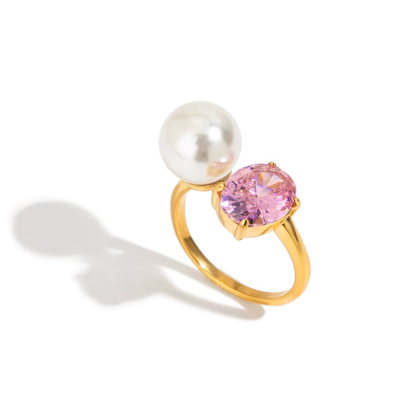 Ring Stainless Steel Geometric Electroplating Zircon Pearl Light Luxury Ins Style Women's