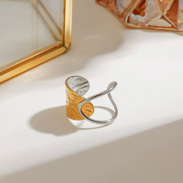 Ring Stainless Steel Geometric Hammered Hollow Gold And Silver Color Matching Electroplating Adjustable Opening Allmatch Colorfree Women's