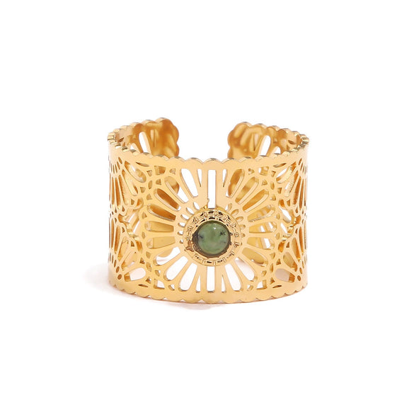 Ring Stainless Steel Geometric Hollow Inlaid Natural Stone Opening Electroplating Women's