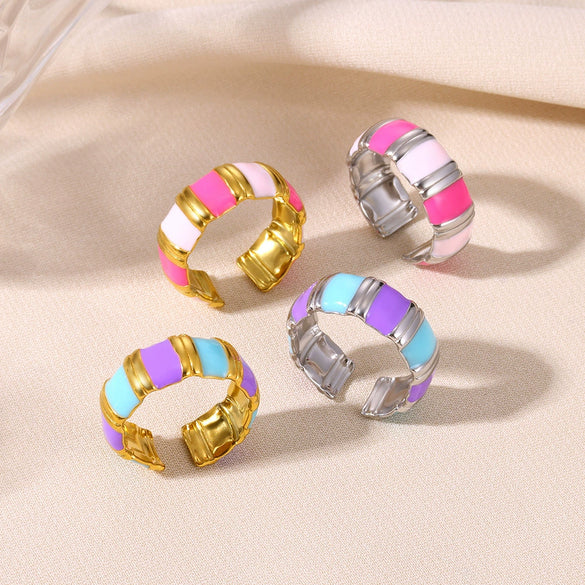 Ring Stainless Steel Geometric U Shape Oil Dripping Enamel Colorful Real Gold Electroplated