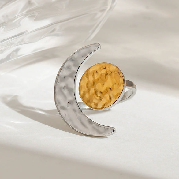Ring Stainless Steel Gold And Silver Color Matching Hammer Pattern Geometric Moon And Sun Electroplating
