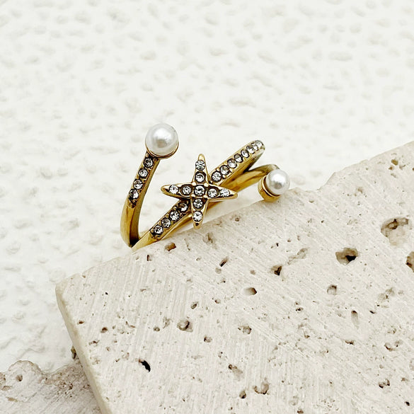 Ring Stainless Steel Gold Plated Diamond Star Freshwater Pearl French Retro Electroplating