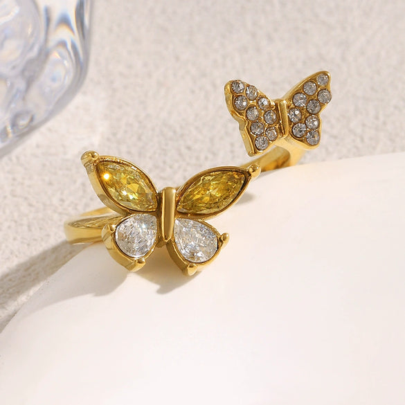 Ring Stainless Steel 18K Gold Plated Imitation Pearl Double Butterfly Animal Zodiac Electroplated