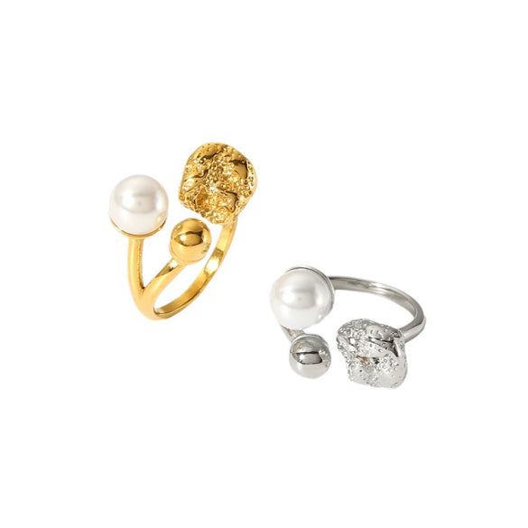 Ring Stainless Steel Pearl Lava French Retro Geometric Electroplating Open Women's
