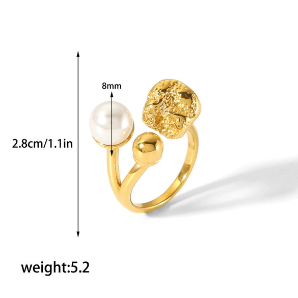 Ring Stainless Steel Pearl Lava French Retro Geometric Electroplating Open Women's
