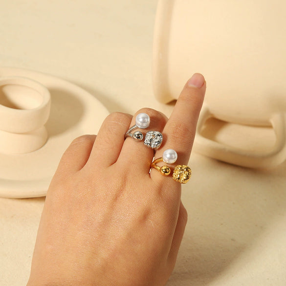 Ring Stainless Steel Pearl Lava French Retro Geometric Electroplating Open Women's