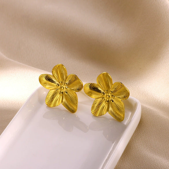 Ring Stainless Steel Pearls Geometric Exaggerated Four Petal Flower Electroplating