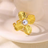 Ring Stainless Steel Pearls Geometric Exaggerated Four Petal Flower Electroplating