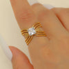 Ring Stainless Steel Real Gold Plated Geometric Water Drop Zircon Open Doublelayer Specialshaped