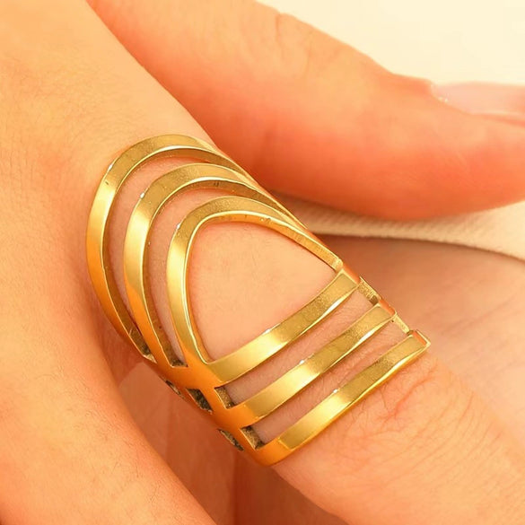 Ring Stainless Steel Real Gold Plated Geometric Water Drop Zircon Open Doublelayer Specialshaped