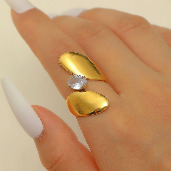 Ring Stainless Steel Real Gold Plated Geometric Water Drop Zircon Open Doublelayer Specialshaped