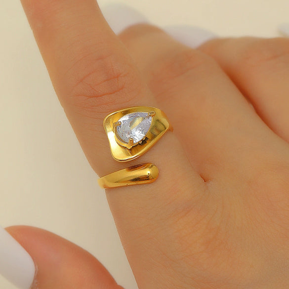 Ring Stainless Steel Real Gold Plated Geometric Water Drop Zircon Open Doublelayer Specialshaped