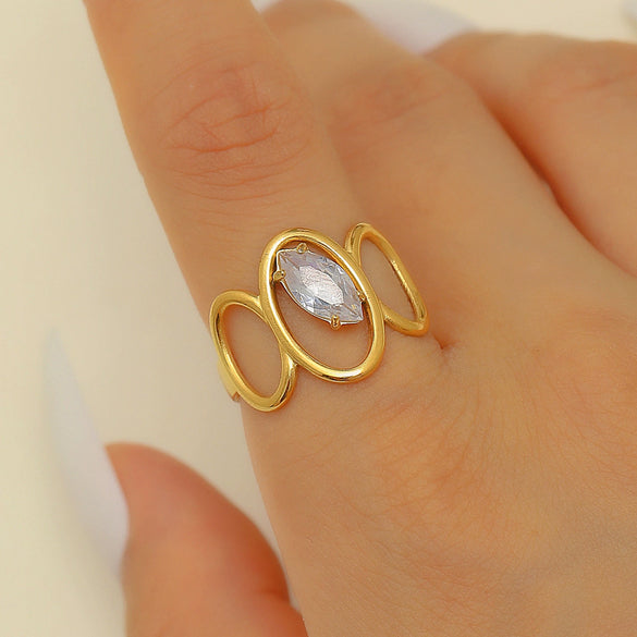 Ring Stainless Steel Real Gold Plated Geometric Water Drop Zircon Open Doublelayer Specialshaped