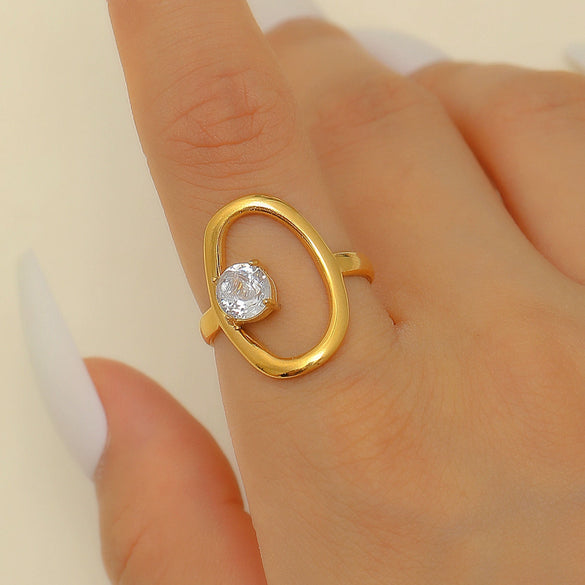 Ring Stainless Steel Real Gold Plated Geometric Water Drop Zircon Open Doublelayer Specialshaped