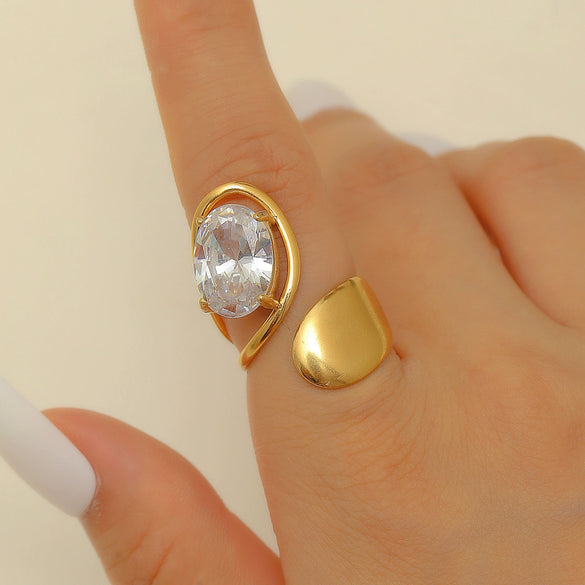 Ring Stainless Steel Real Gold Plated Geometric Water Drop Zircon Open Doublelayer Specialshaped