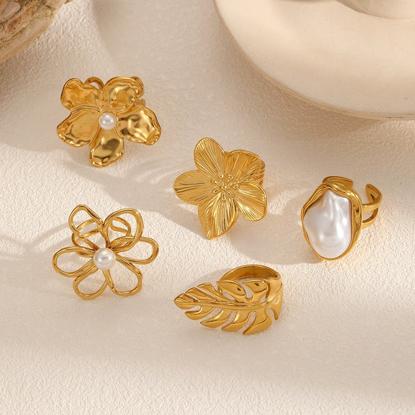 Ring Titanium Steel Flower Leaves Geometric Electroplated Highend Jewelry