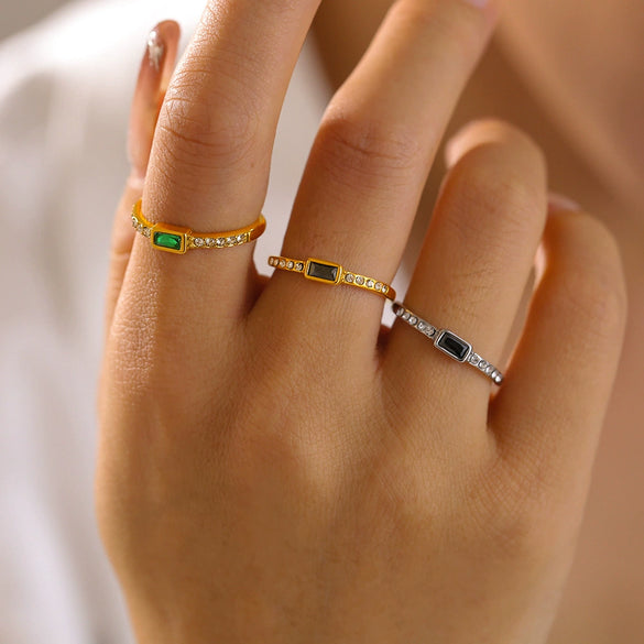 Ring 316L Stainless Steel Glass Geometric Electroplated Women's