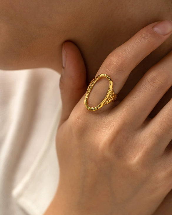Ring Titanium Steel Hollow Oval Hammered Geometric Electroplated