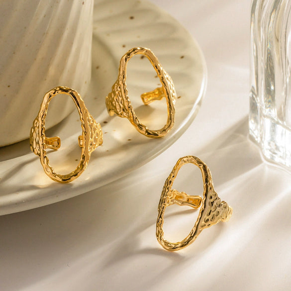 Ring Titanium Steel Hollow Oval Hammered Geometric Electroplated