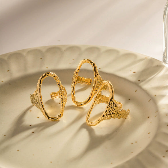 Ring Titanium Steel Hollow Oval Hammered Geometric Electroplated