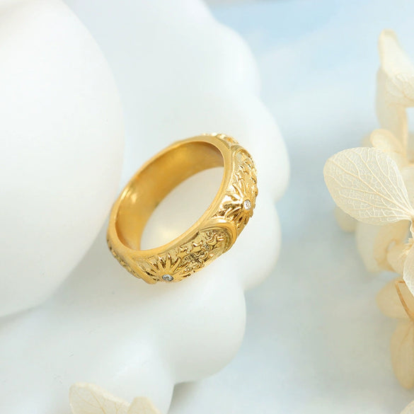 Ring 316L Stainless Steel Vintage Palace Style Inlaid Zircon Embossed Sun Moon Geometric 18K Gold Plated Unisex