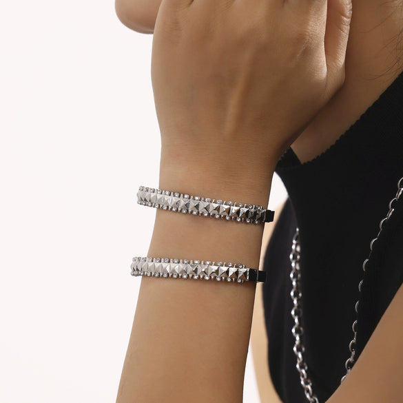 Riveted Stainless Steel Zircon Bracelet With Geometric Style Electroplated 18K Gold Handmade And Polished