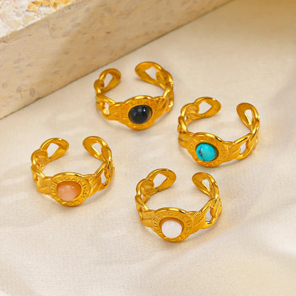 Roman Style Chains Print Stainless Steel Plating Inlay Turquoise Obsidian 18k Gold Plated Open Rings