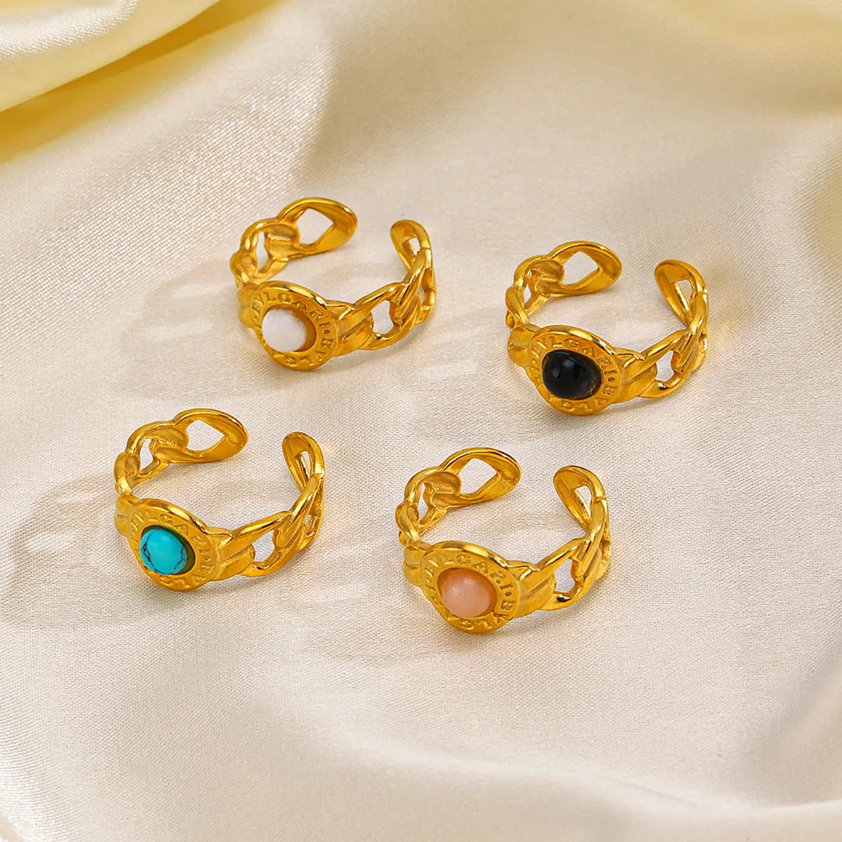 Roman Style Chains Print Stainless Steel Plating Inlay Turquoise Obsidian 18k Gold Plated Open Rings