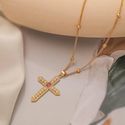 Roman Style Commute Cross Copper Plating Inlay Pearl Zircon 18k Gold Plated Pendant Necklace