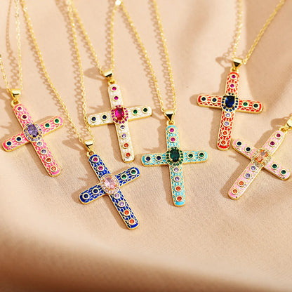 Roman Style Cross Steel Enamel Plating Inlay Zircon Pendant Necklace