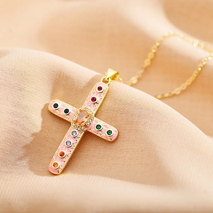 Roman Style Cross Steel Enamel Plating Inlay Zircon Pendant Necklace