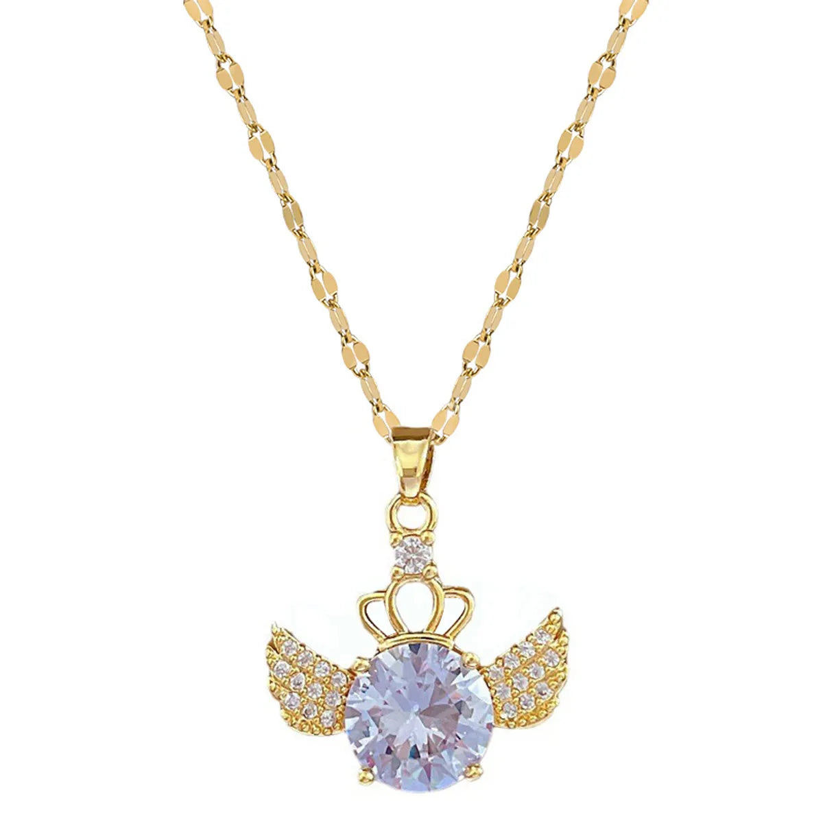 Romantic Artistic Wings Titanium Steel Copper Inlay Artificial Gemstones Pendant Necklace