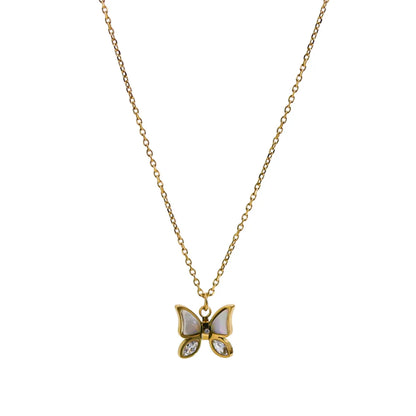 Romantic Classic Style Butterfly Titanium Steel Plating Inlay Shell 18k Gold Plated Pendant Necklace