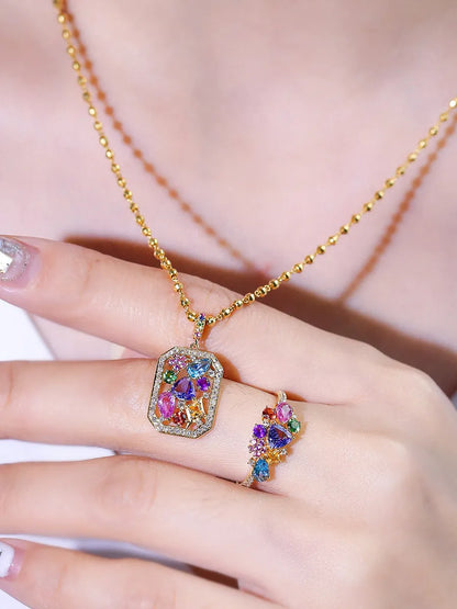 Romantic Colorful Gemstone Ring Full Of Tanzanite Pendant Necklace Set