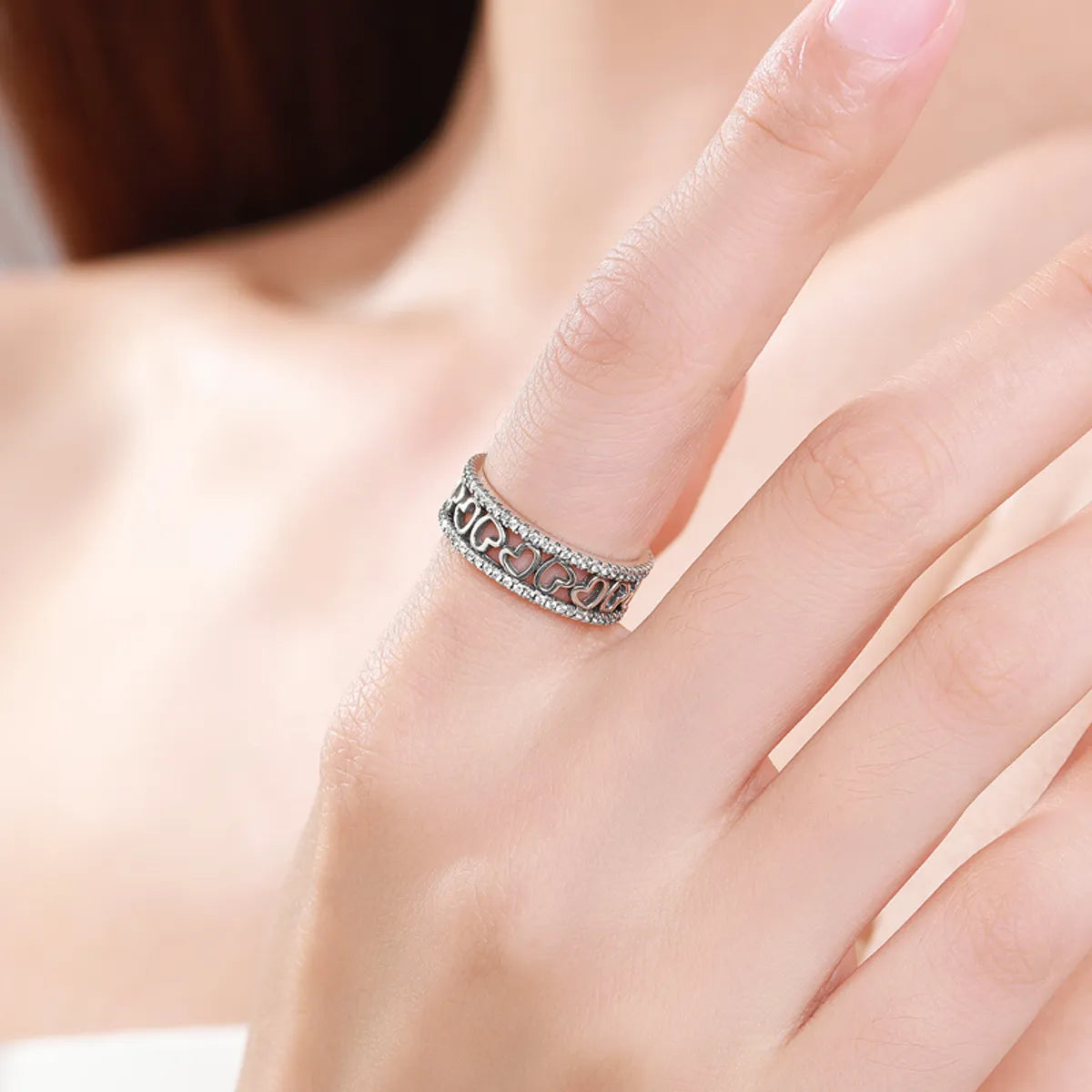 Romantic Heart Shape Sterling Silver Plating Inlay Zircon Rings