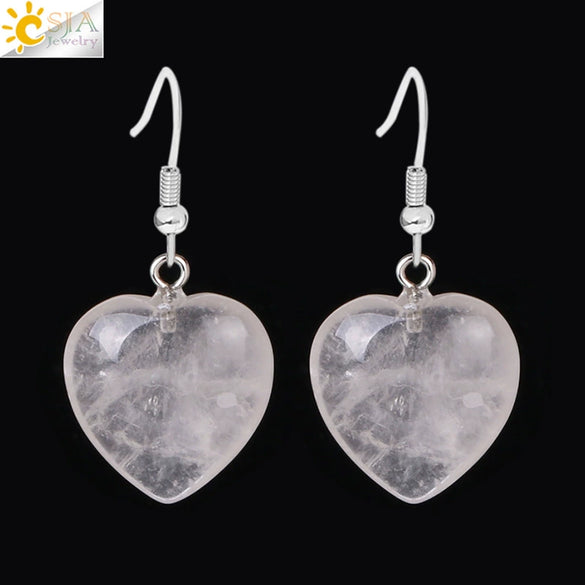 Romantic Heart Shaped Natural Stone And Copper Fish Hook Earrings Minimalist Semi Precious Crystal Earrings