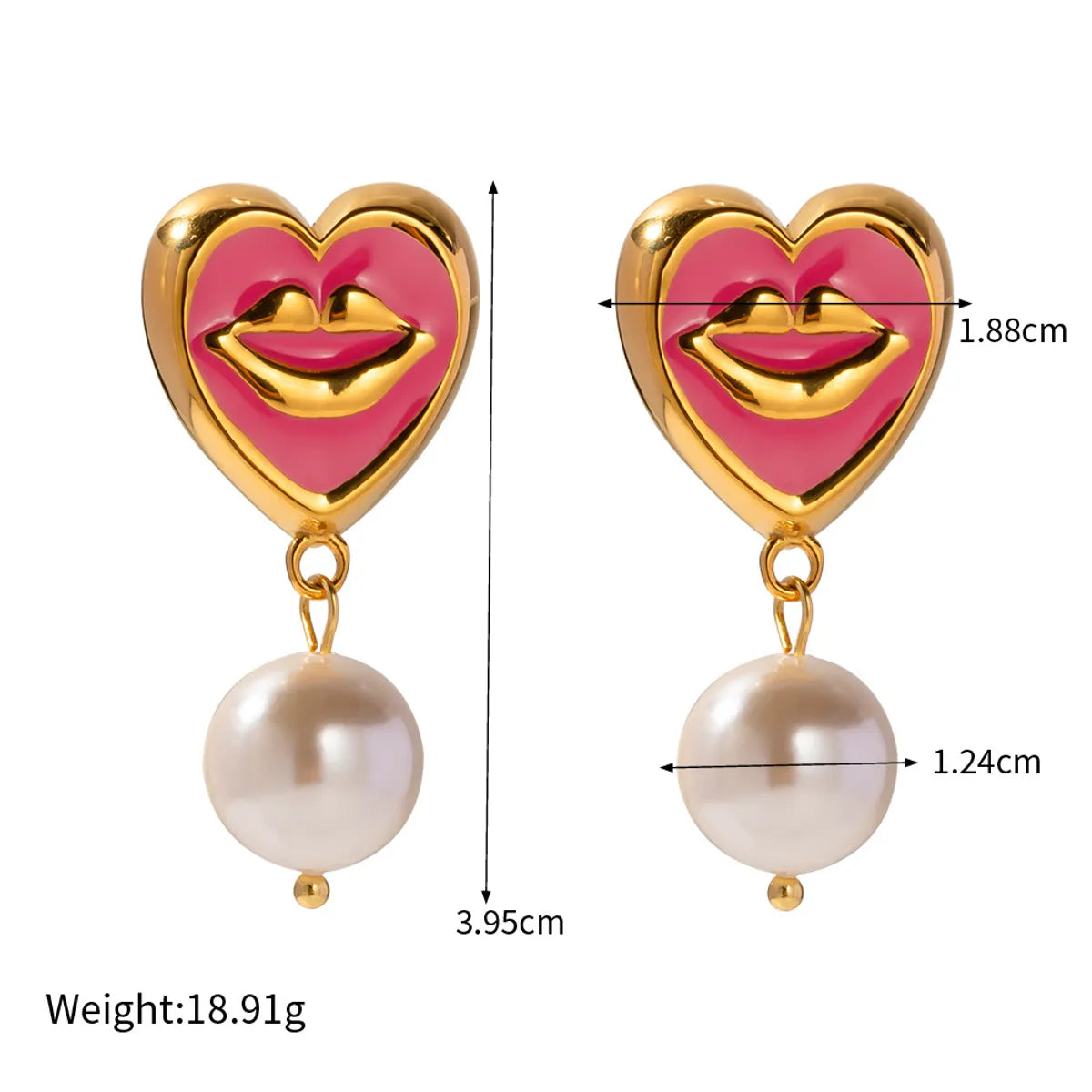 Romantic Lips Heart Shape Stainless Steel Enamel Plating Inlay Artificial Pearls 18k Gold Plated Earrings Necklace