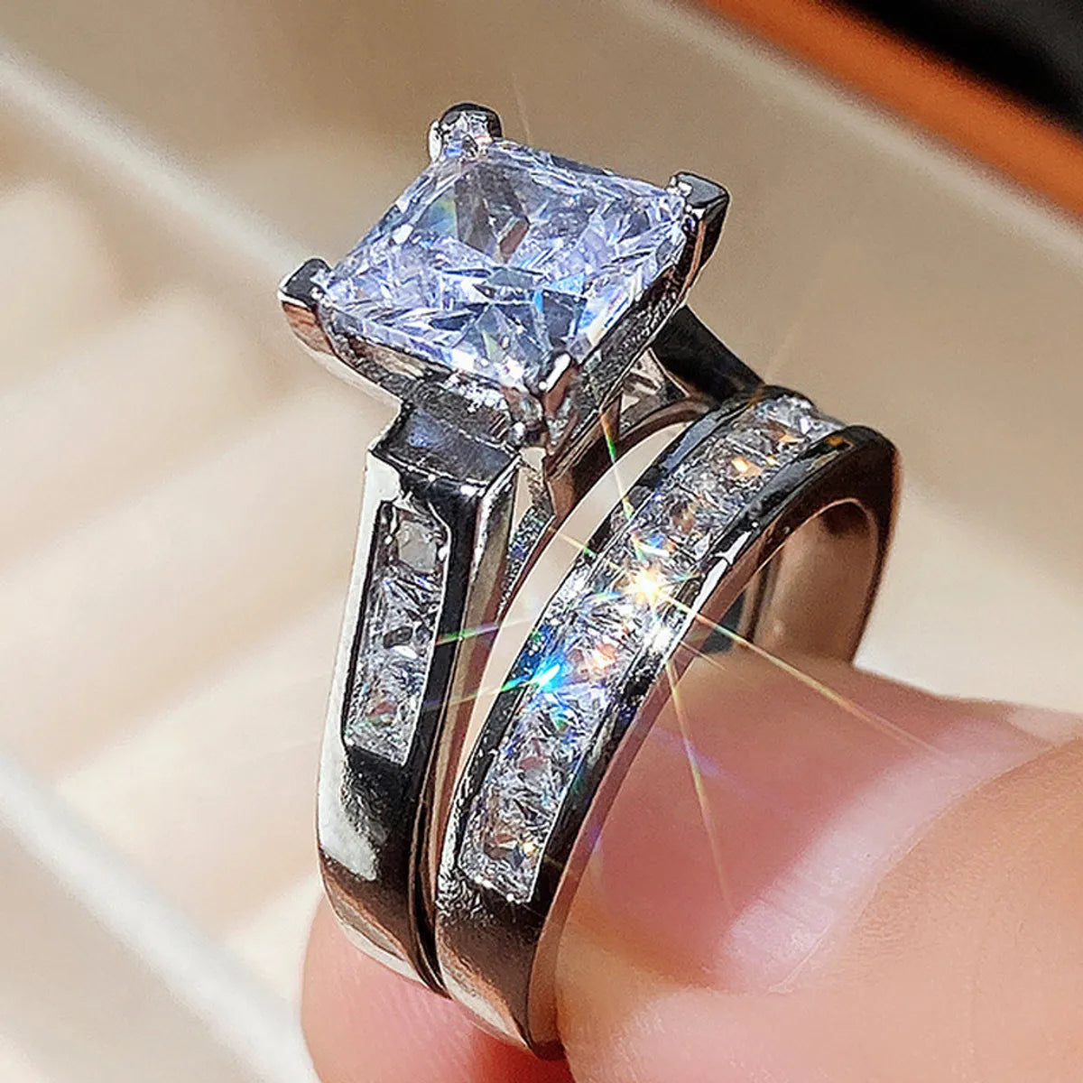 Romantic Modern Style Square Copper Inlay Zircon Rings