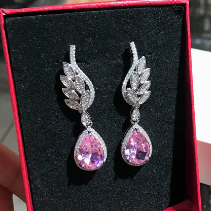 Internet Celebrity Live Hot Sale Light Luxury Romantic Argyle Pink Morgan Stone Stud Earrings Micro-inlaid Water Drop Pink Diamond Wings Earrings For Women