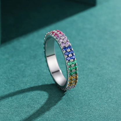 Romantic Rainbow Sterling Silver Plating Inlay Zircon Rhodium Plated Rings