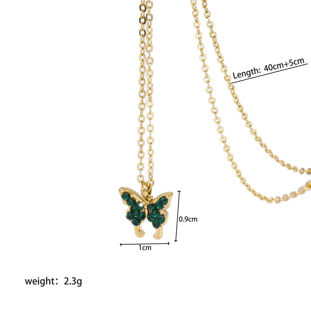 304 Stainless Steel 18K Gold Plated Romantic Simple Style Plating Inlay Butterfly Rhinestones Pendant Necklace