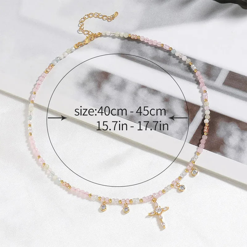 Romantic Simple Style Cross Round 18K Gold Plated Zircon Natural Stone Copper Wholesale Pendant Necklace