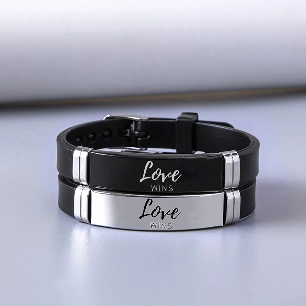 Romantic Simple Style Letter 304 Stainless Steel Silica Gel Plating Carving Silver Plated Men'S Bracelets