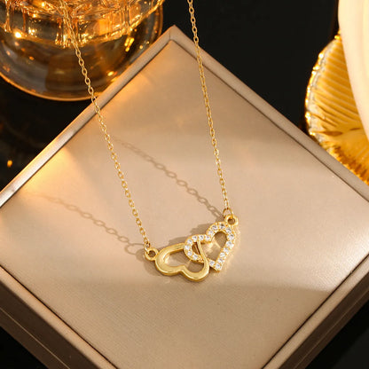 Romantic Sweet Geometric Heart Shape Titanium Steel Plating Inlay Rhinestones Zircon Gold Plated Pendant Necklace