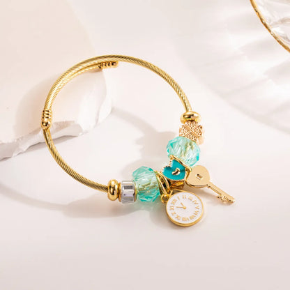 304 Stainless Steel Alloy Gold Plated Romantic Sweet Enamel Plating Inlay Heart Shape Key Rhinestones Beads Bangle