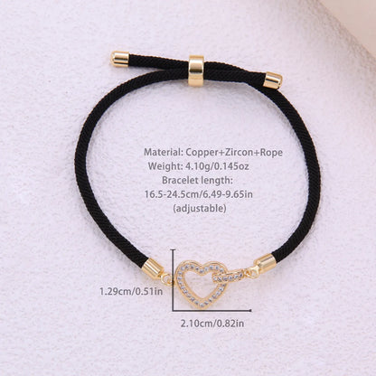 Romantic Sweet Heart Shape Rope Copper Plating Inlay Zircon 18k Gold Plated Bracelets