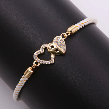 Romantic Sweet Heart Shape Rope Copper Plating Inlay Zircon 18k Gold Plated Bracelets