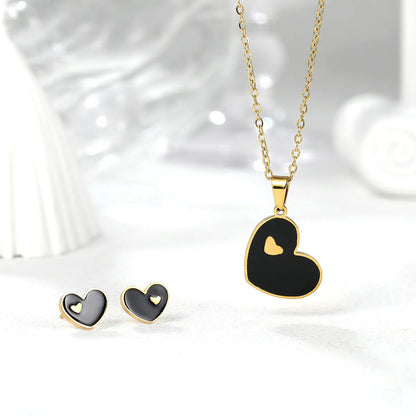 Romantic Sweet Heart Shape Stainless Steel Enamel Plating 18k Gold Plated Women's Earrings Necklace