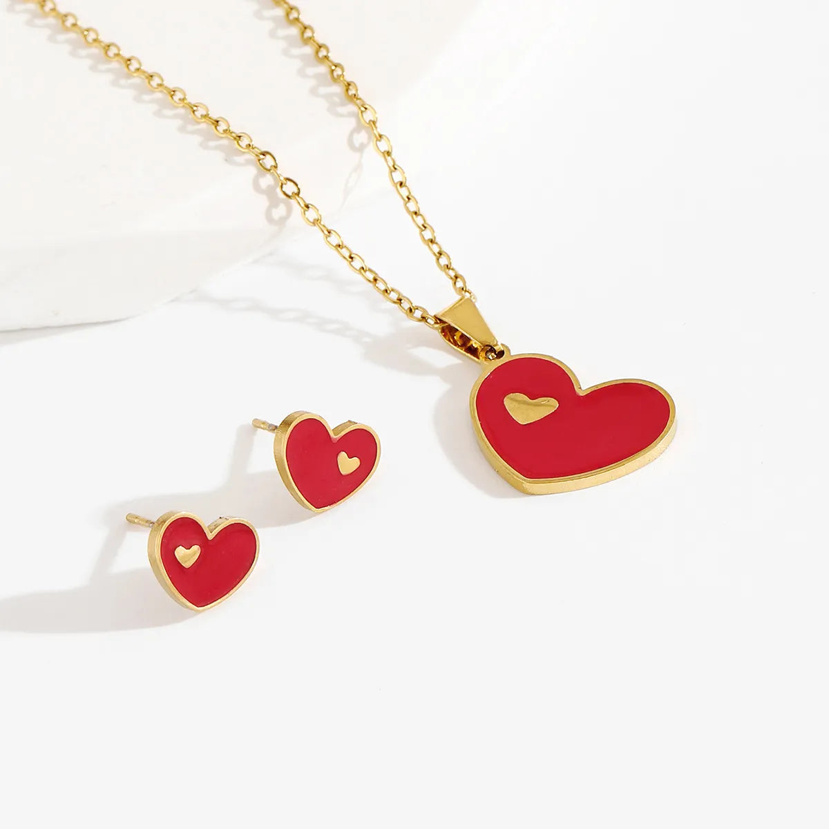 Romantic Sweet Heart Shape Stainless Steel Enamel Plating 18k Gold Plated Women's Earrings Necklace